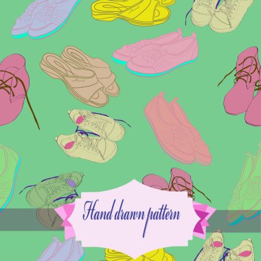 Renkli ayakkabı dikişsiz desen, soluk yeşil bir arka plan üzerinde etiket. Elle çizilmiş.