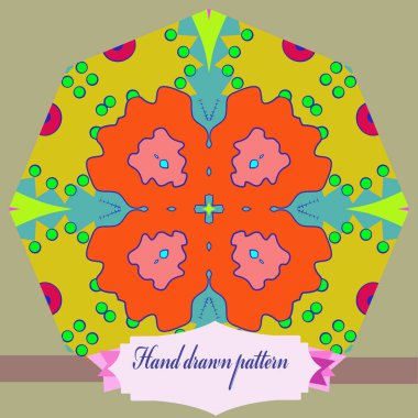 Çiçek motifi dairesel desen, dalgalar, elipsler, etiket. Elle çizilmiş.