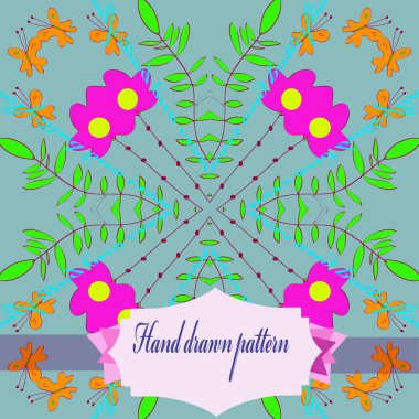 Çiçek motifi dairesel desen, kelebekler, dalları, soluk masmavi bir arka plan üzerinde etiket. Elle çizilmiş.