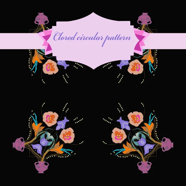 Circular  pattern of colored floral motif, flowers,tulips, crocuses, vases, label on a black  background. Hand drawn.