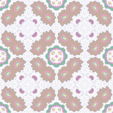 Beyaz bir arka plan üzerinde küçük mavi detayları ile renkli çiçek motifi Dairesel dikişsiz desen. Elle çizilmiş.