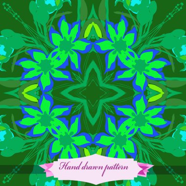 Çiçek motifi, çiçek, yaprak, etiket dairesel dikişsiz desen. Elle çizilmiş.