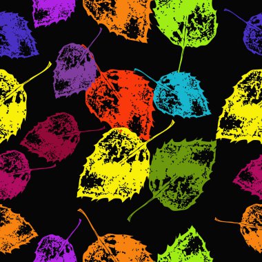 Renkli çiçek motifi Dikişsiz desen, siyah bir arka plan üzerinde sonbahar yaprakları.