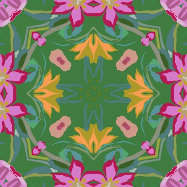 Çiçek motifi, çiçek, yaprak dairesel dikişsiz desen. Elle çizilmiş.