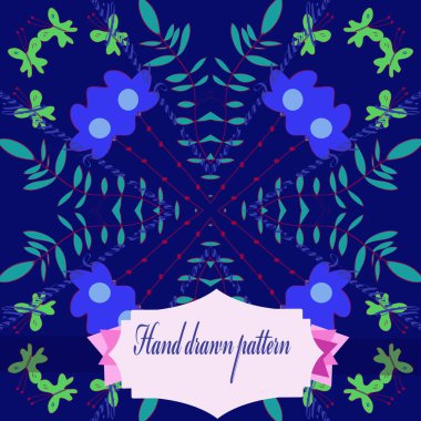 Çiçek motifi dairesel desen, kelebekler, dalları, koyu mavi arka plan üzerinde etiket. Elle çizilmiş.