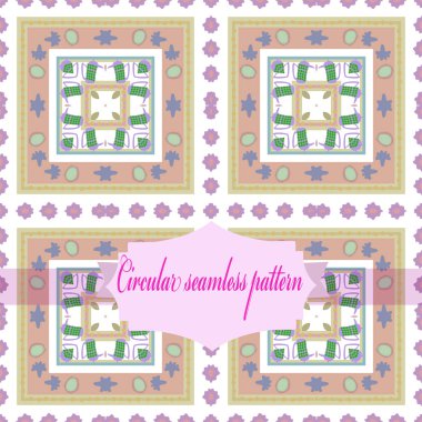 Renkli çiçek motifi dairesel dikişsiz desen, noktalar, çaydanlıklar, beyaz bir arka plan üzerinde etiket. 