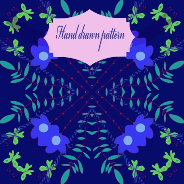 Çiçek motifi dairesel desen, kelebekler, dalları, koyu mavi arka plan üzerinde etiket. Elle çizilmiş.