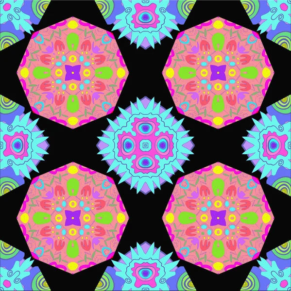Kreisförmiges Nahtloses Muster Mit Farbigem Blumenmotiv Flecken Auf Schwarzem Hintergrund — Stockvektor