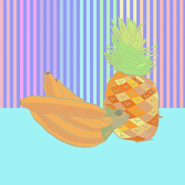 Nature Morte Aux Fruits Frais Bananes Ananas Sur Fond Rayé — Image vectorielle
