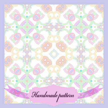 Soyut renkli dairesel desenli kart, elipsler, yıldızlar, simitler, etiket. El yapımı.