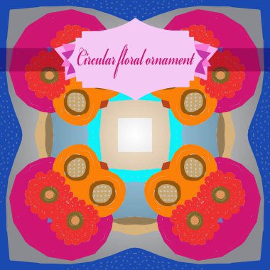 Renkli çiçek motifi dairesel desen, çiçekler, degrade gri arka plan üzerinde etiket.