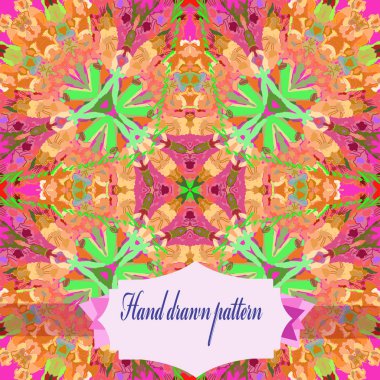 Renkli çiçek motifleri Dairesel dikişsiz desen, pembe bir arka plan üzerinde etiket. Elle çizilmiş.