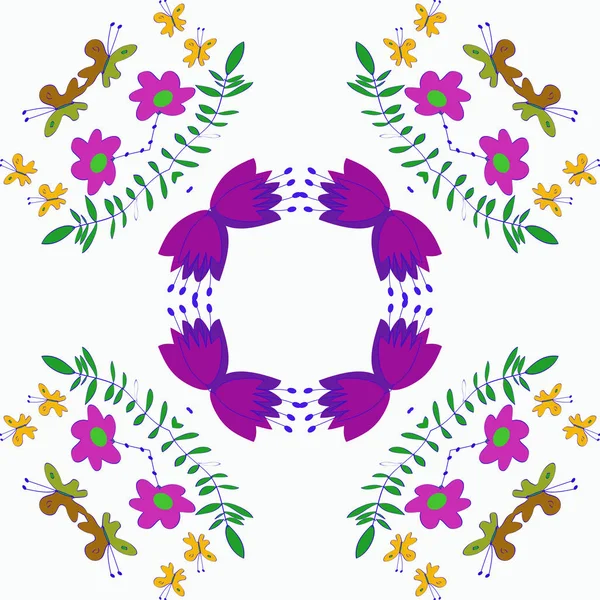 Okrągły Bezszwowy Wzór Kolorowych Gałęzi Motyli Motywów Kwiatowych Białym Tle — Wektor stockowy