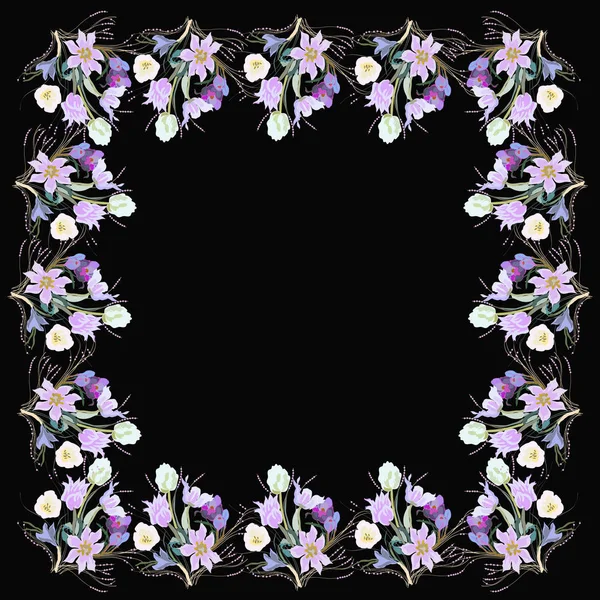 Card with frame of  tulips and crocuses bouquets on a black  background