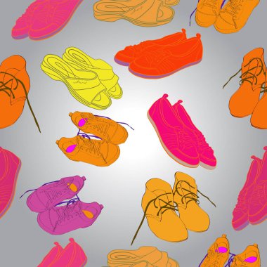 Degrade gri arka plan üzerinde renkli ayakkabı Dikişsiz desen. Elle çizilmiş.