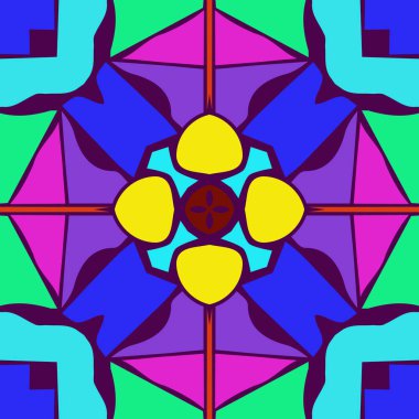 Koyu pembe bir arka plan üzerinde renkli soyut motifler Dairesel dikişsiz desen. El yapımı. 