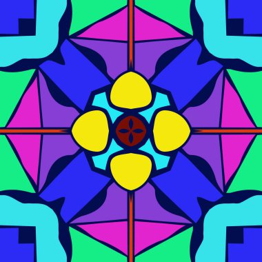 Koyu mavi bir arka plan üzerinde renkli soyut motifler Dairesel dikişsiz desen. El yapımı. 