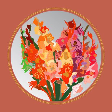 Gladioli buketi ile Kart, etiket 