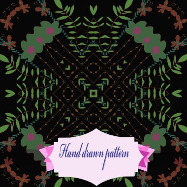 Renkli çiçek motifi, dalları, kelebekler, metin ve etiket dairesel dikişsiz desen. Elle çizilmiş.