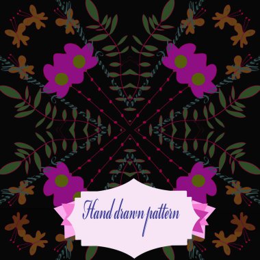 Çiçek motifi dairesel desen, kelebekler, dalları, siyah bir arka plan üzerinde etiket. Elle çizilmiş.