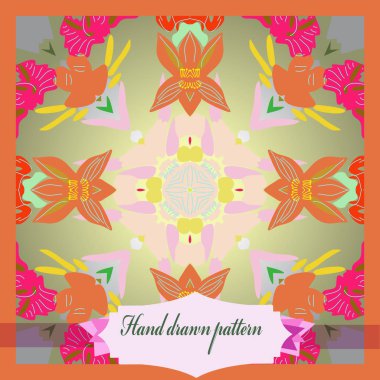 Dairesel çiçek desenli kart, çiçekler, yapraklar, etiket. 