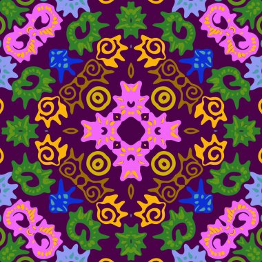 Renkli çiçek motifleri dairesel dikişsiz desen, spiraller, koyu pembe arka plan üzerinde doodle. 