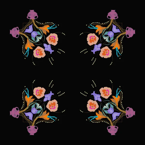 Circular  pattern of colored floral motif, flowers,tulips, crocuses, vases  on a  black background. Hand drawn.