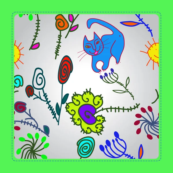 Motif Motifs Floraux Colorés Chat Soleil Spirales Cadre Sur Fond — Image vectorielle