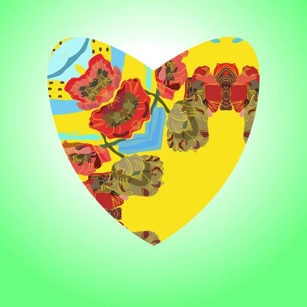 Κίτρινη Καρδιά Του Αγίου Βαλεντίνου Πράσινο Φόντο Χειροποίητη — Διανυσματικό Αρχείο