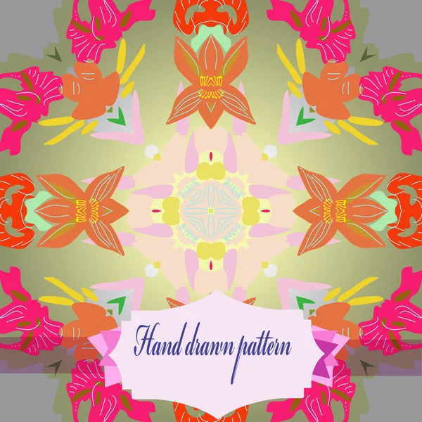 Çiçek motifi dairesel dikişsiz patttern, degrade gri arka plan üzerinde etiket. 