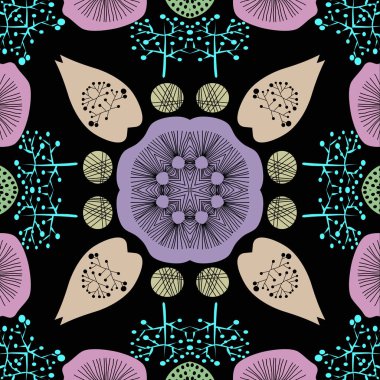 Siyah bir arka plan üzerinde renkli çiçek motifi Dairesel dikişsiz desen. Elle çizilmiş.