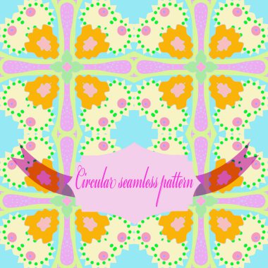 Açık mavi arka plandaki renkli lekelerin, etiketin, metnin dairesel ve kusursuz deseni.