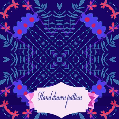 Renkli çiçek motifi, dalları, kelebekler, metin ve etiket dairesel dikişsiz desen. Elle çizilmiş.