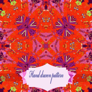 Renkli çiçek motifleri Dairesel dikişsiz desen, koyu pembe arka plan üzerinde etiket. Elle çizilmiş.