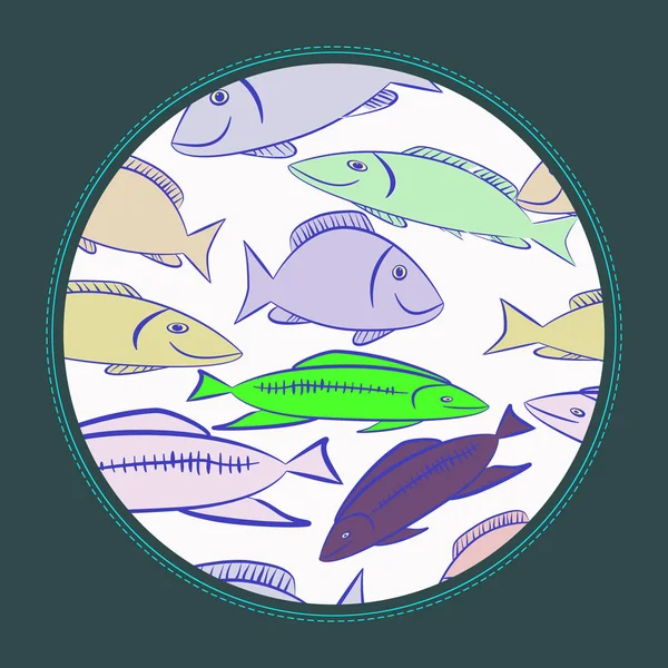 Kaart Met Decoratieve Gekleurde Vissen Een Cirkel — Stockvector
