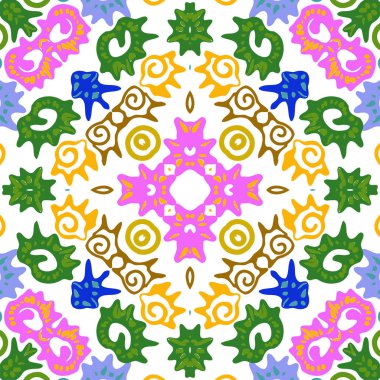 Beyaz arka plan üzerinde renkli çiçek motifleri, spiraller, karalamalar dairesel dikişsiz desen.  