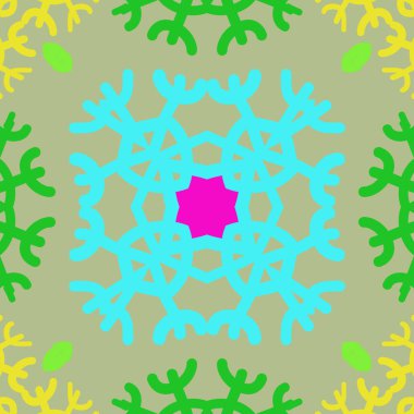 Kar taneleri ile renkli motiflerin dairesel dikişsiz desen, sadece vektör illüstrasyon