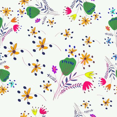 Renkli çiçek motifleri, beyaz bir arka plan üzerinde dalları Dikişsiz desen. Elle çizilmiş.