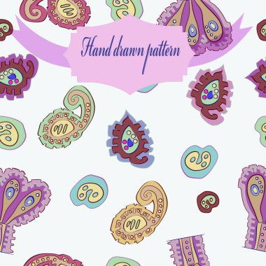 Soluk renkli el yapımı motifler Dikişsiz desen, beyaz bir arka plan üzerinde etiket. Elle çizilmiş.