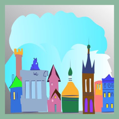 Beyaz arka planda metin ve bulutlarla eski şehir kartı