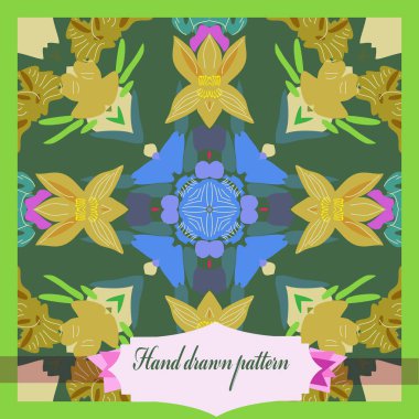 Dairesel çiçek desenli kart, çiçekler, yapraklar, etiket. 