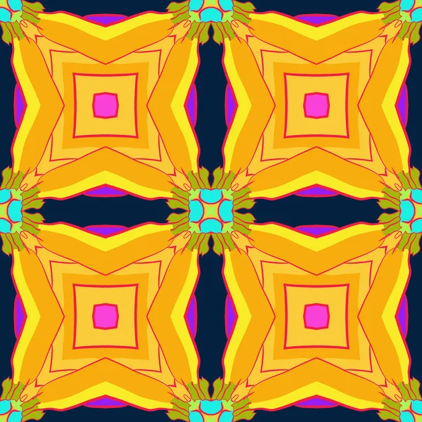 Kreisförmiges Nahtloses Muster Mit Farbigem Blumenmotiv Flecken Auf Dunkelblauem Hintergrund — Stockvektor