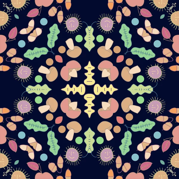 Circular Seamless Pattern Colored Leaves Mushrooms Spots Dark Blue Background — Stock Vector