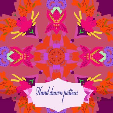 Çiçek motifi dairesel dikişsiz patttern, koyu pembe arka plan üzerinde etiket.