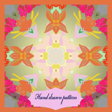 Dairesel çiçek desenli kart, çiçekler, yapraklar, etiket. 