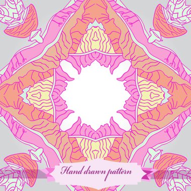 Renkli lekeler, çizgili, çiçek, etiket dairesel dikişsiz desen. Elle çizilmiş.