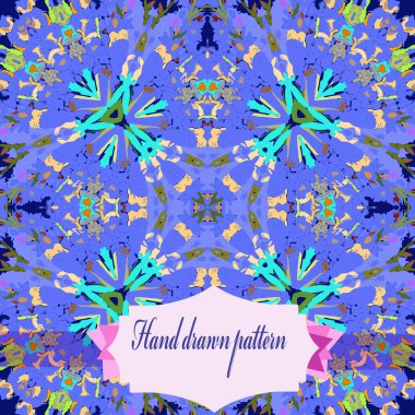 Renkli çiçek motifleri Dairesel dikişsiz desen, koyu mavi arka plan üzerinde etiket. Elle çizilmiş.