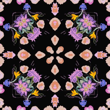 Siyah bir arka plan üzerinde renkli çiçek motifi, çiçek, crocuses dairesel dikişsiz desen. Elle çizilmiş. 