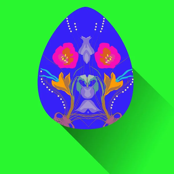 Голубое Пасхальное Яйцо Цветочными Украшениями Зеленом Фоне — стоковый вектор