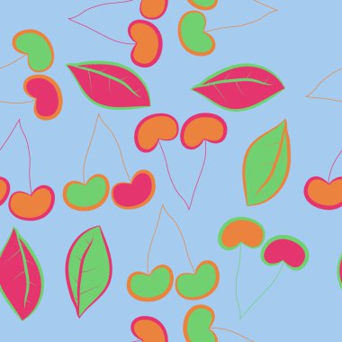 Kiraz saplamaları ile yatay kompozisyon, kesik çizgiler, etiketler.